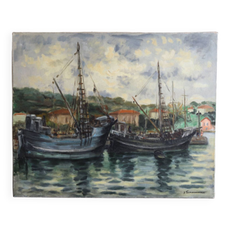 Oil on canvas old boats signed