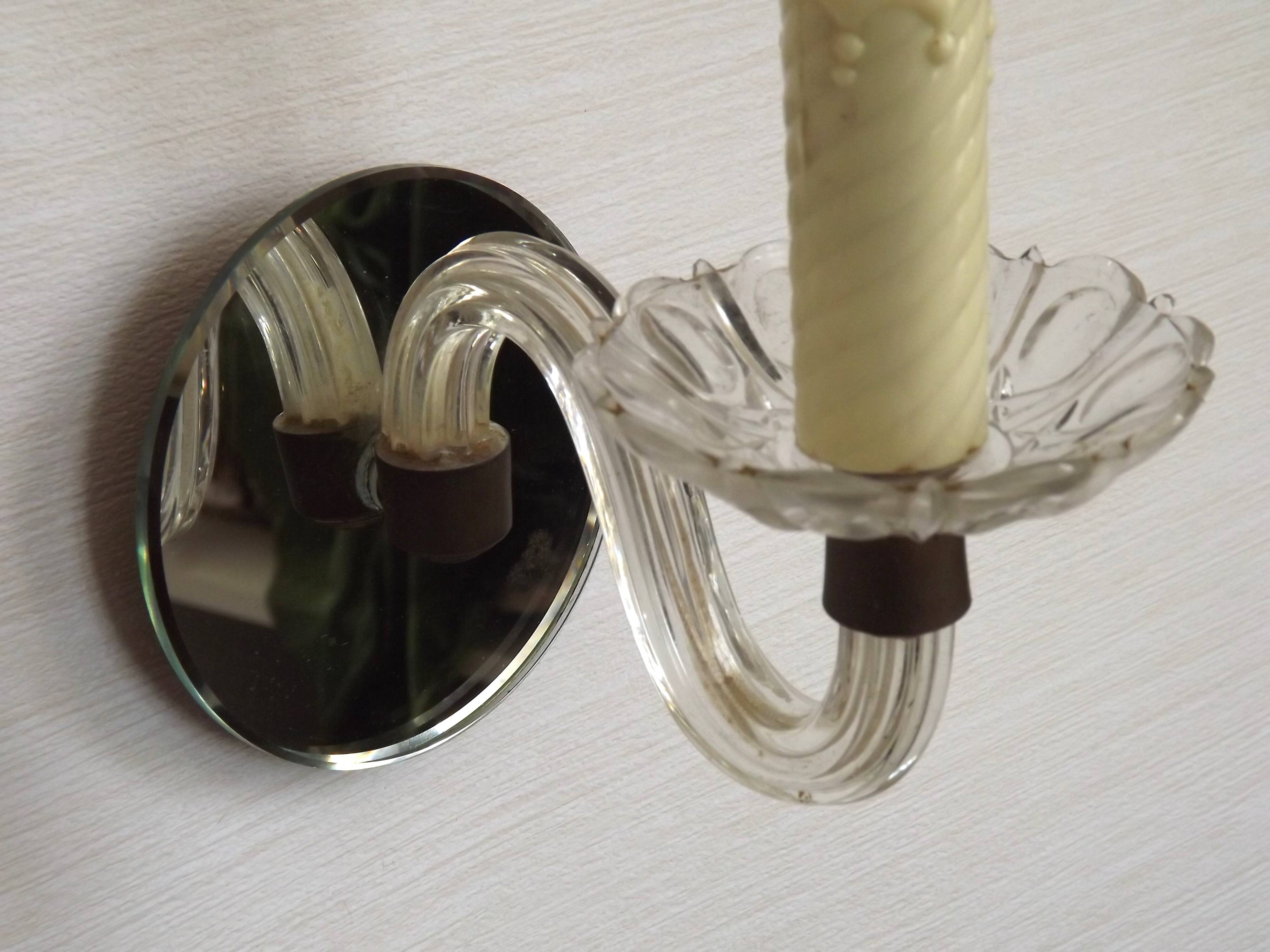 French Vintage Small Mirrored Backplate Wall Sconce Glass Arm & Bobeche