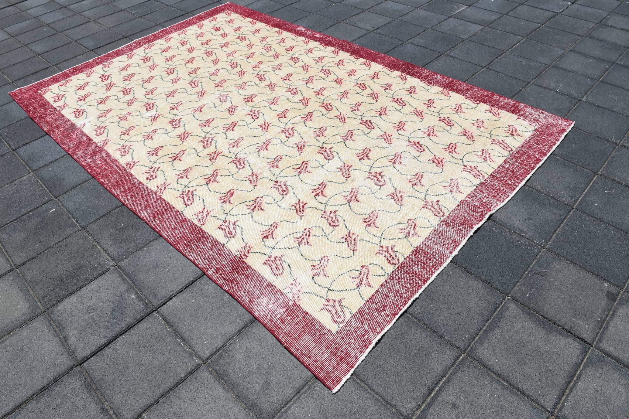 Beige & Burgundy Bordered  Floral Turkish Rug, Neutral Wool Rug, 194x290 Cm
