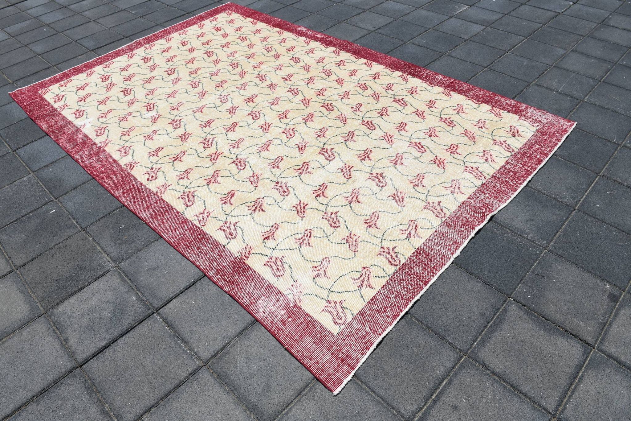 Beige & Burgundy Bordered  Floral Turkish Rug, Neutral Wool Rug, 194x290 Cm