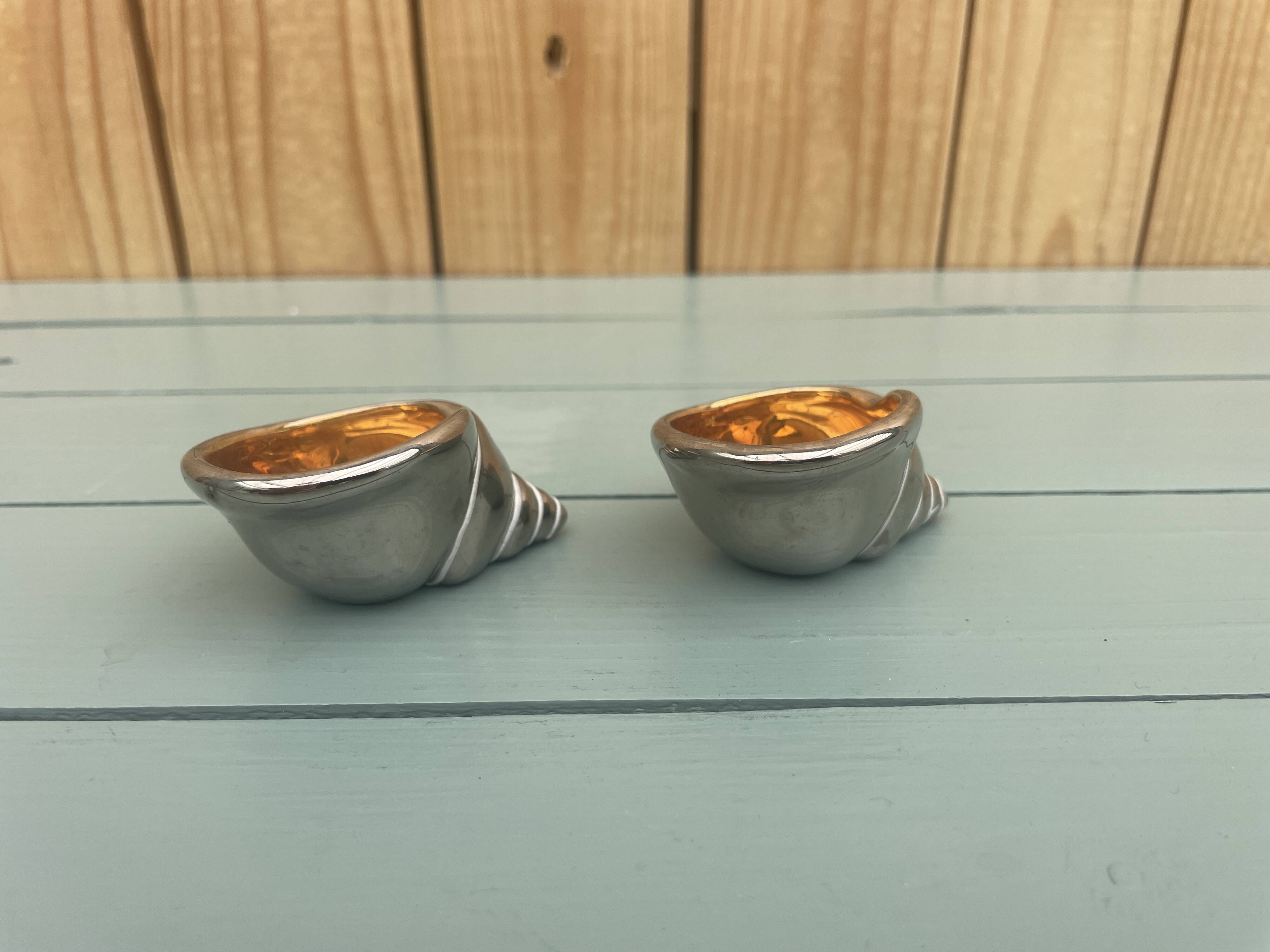 vintage earthenware salt cellars shell decor + golden spoons in box