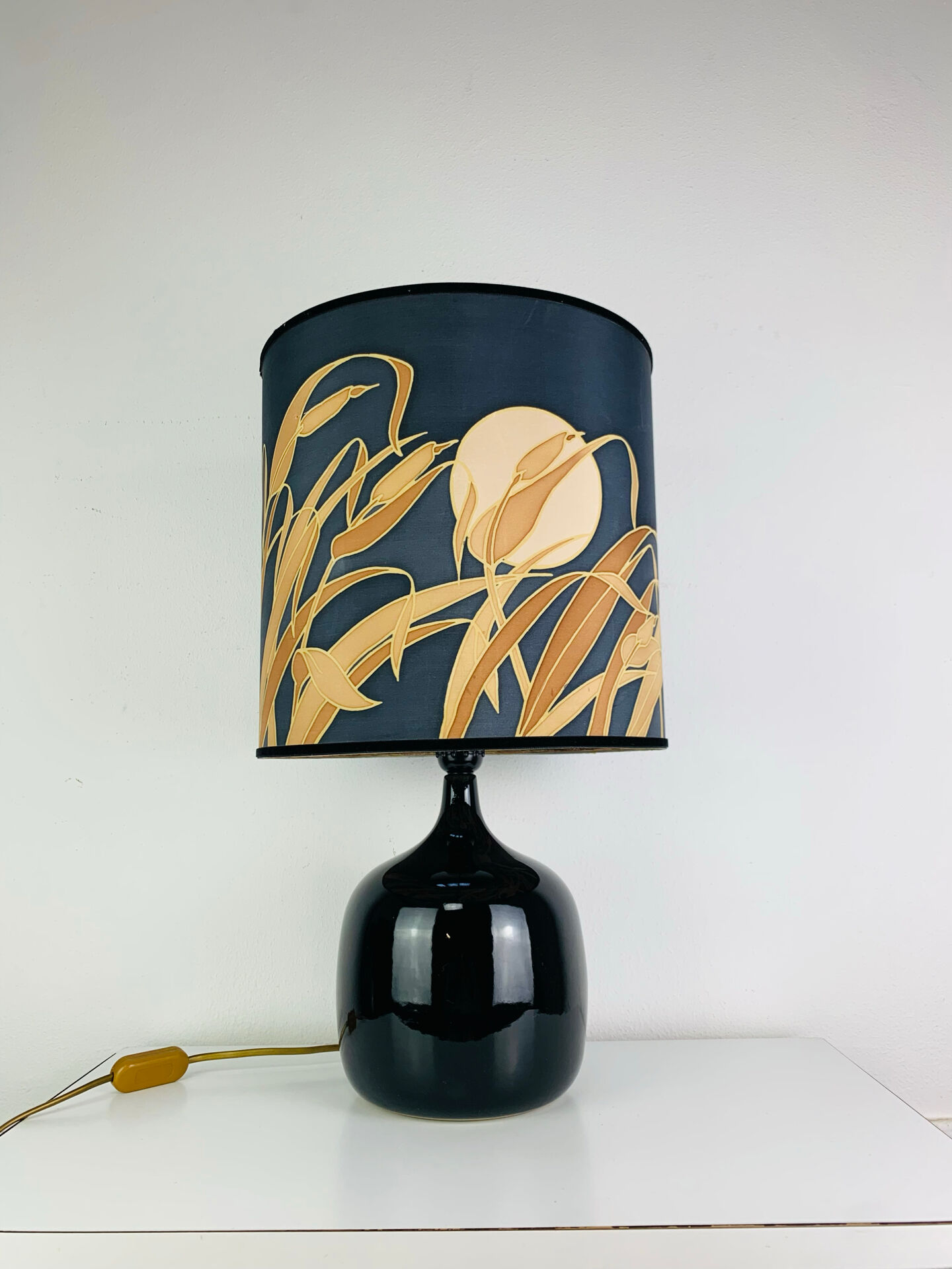 "Fig" lamp, black ceramic and silk shade, 1960s.