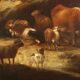 Landscape painting with figures and herds, oil on canvas, 18th century.