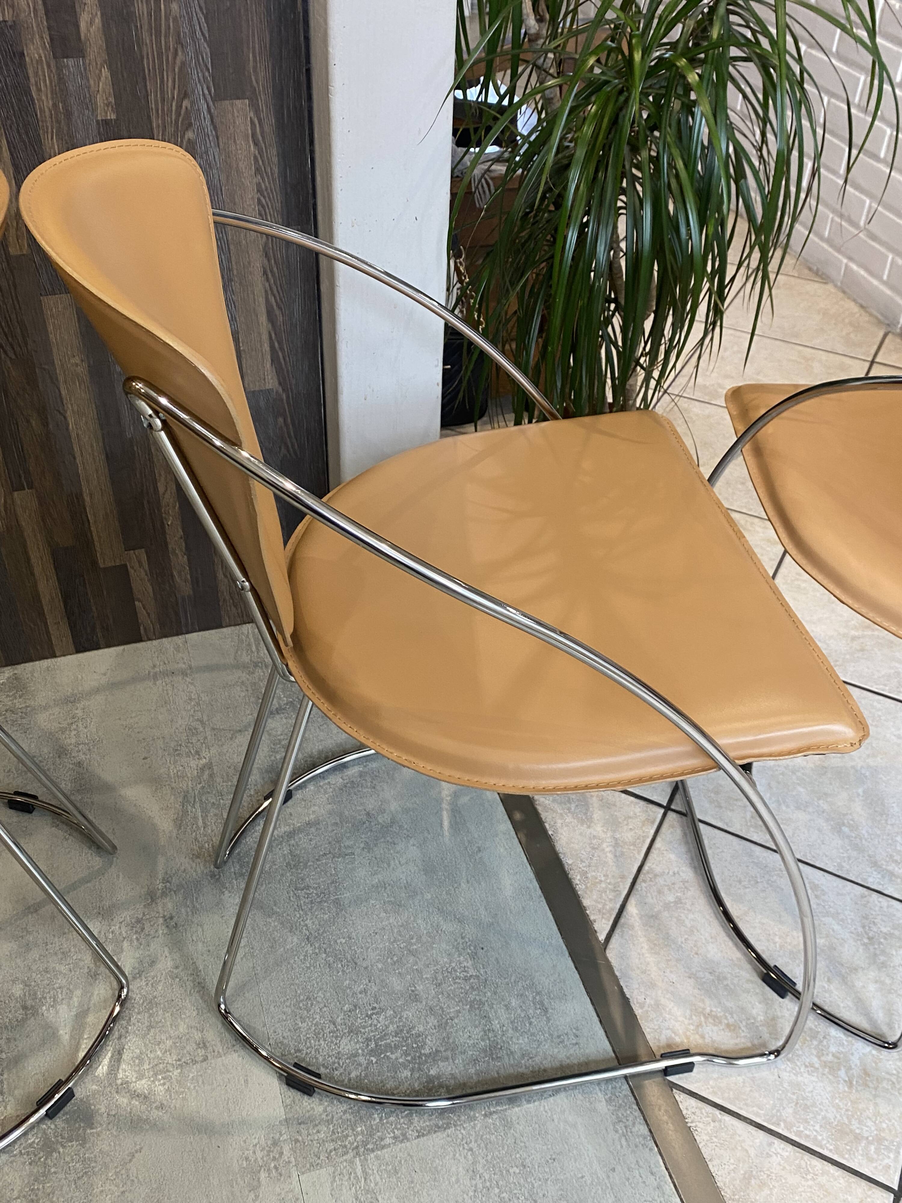 Set of 4 Linda armchairs by Arrben in camel leather with a chrome frame.