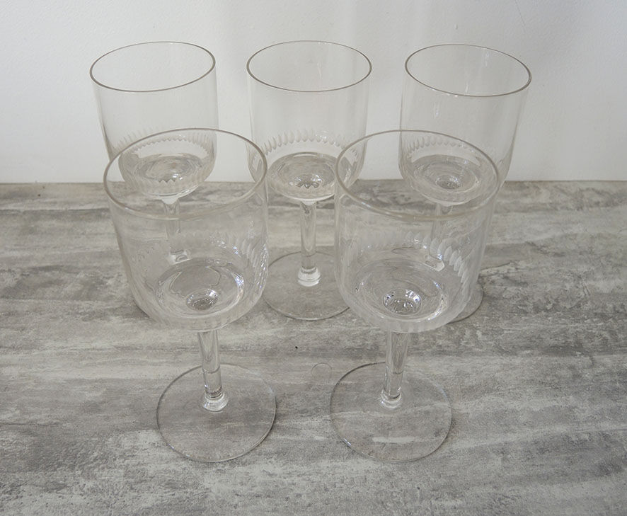 5 old crystal foot glasses engraved