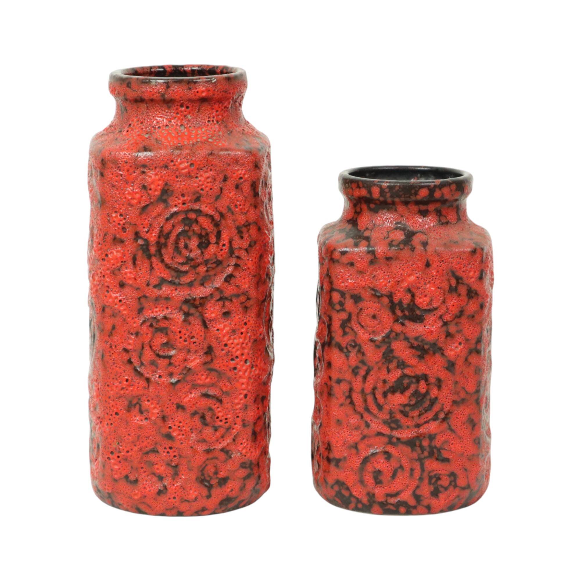 Set of 2 Red Fat Lava Vases Scheurich Jura West Germany