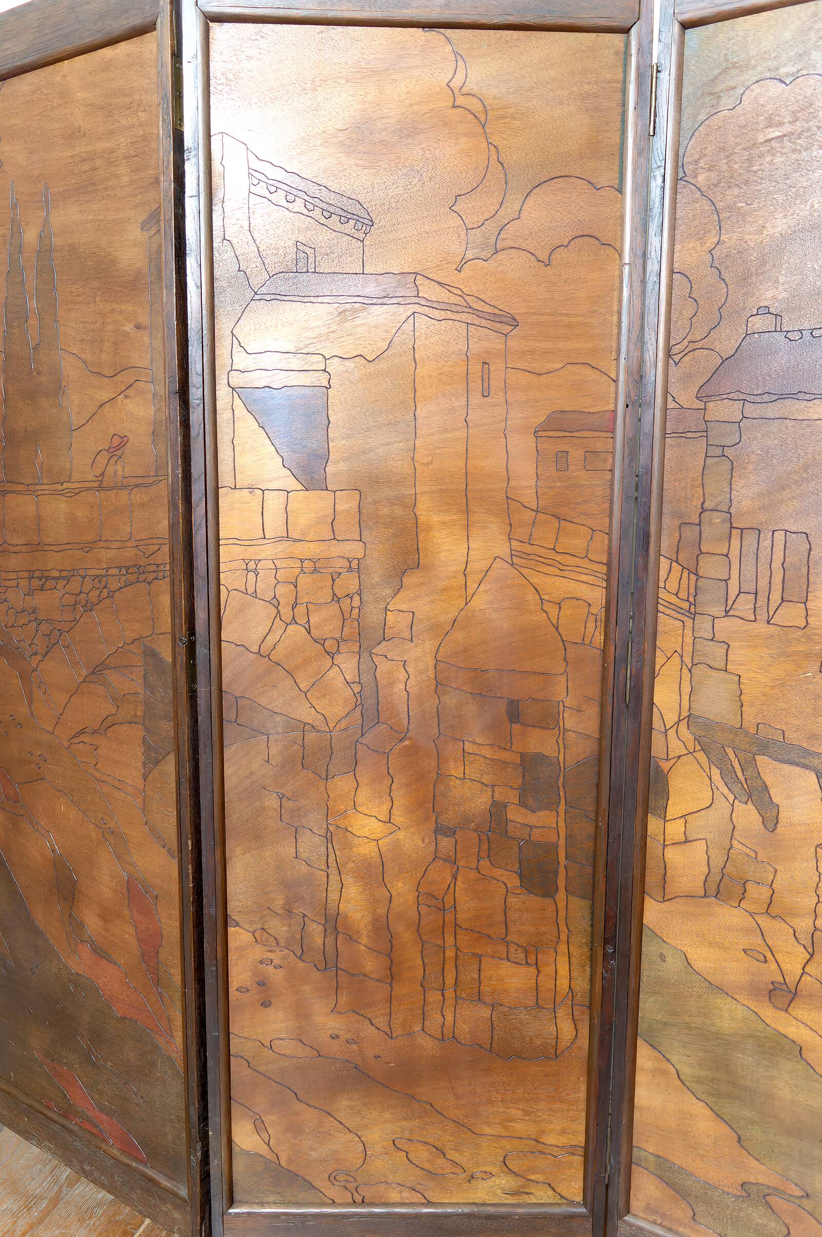 Pyrographed Screen, Mediterranean Medieval Town, Art Nouveau/Deco, 1930