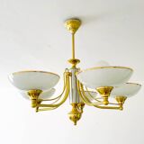 Lustre vintage en laiton & verre opalin – 5 branches – 60 × 54 cm