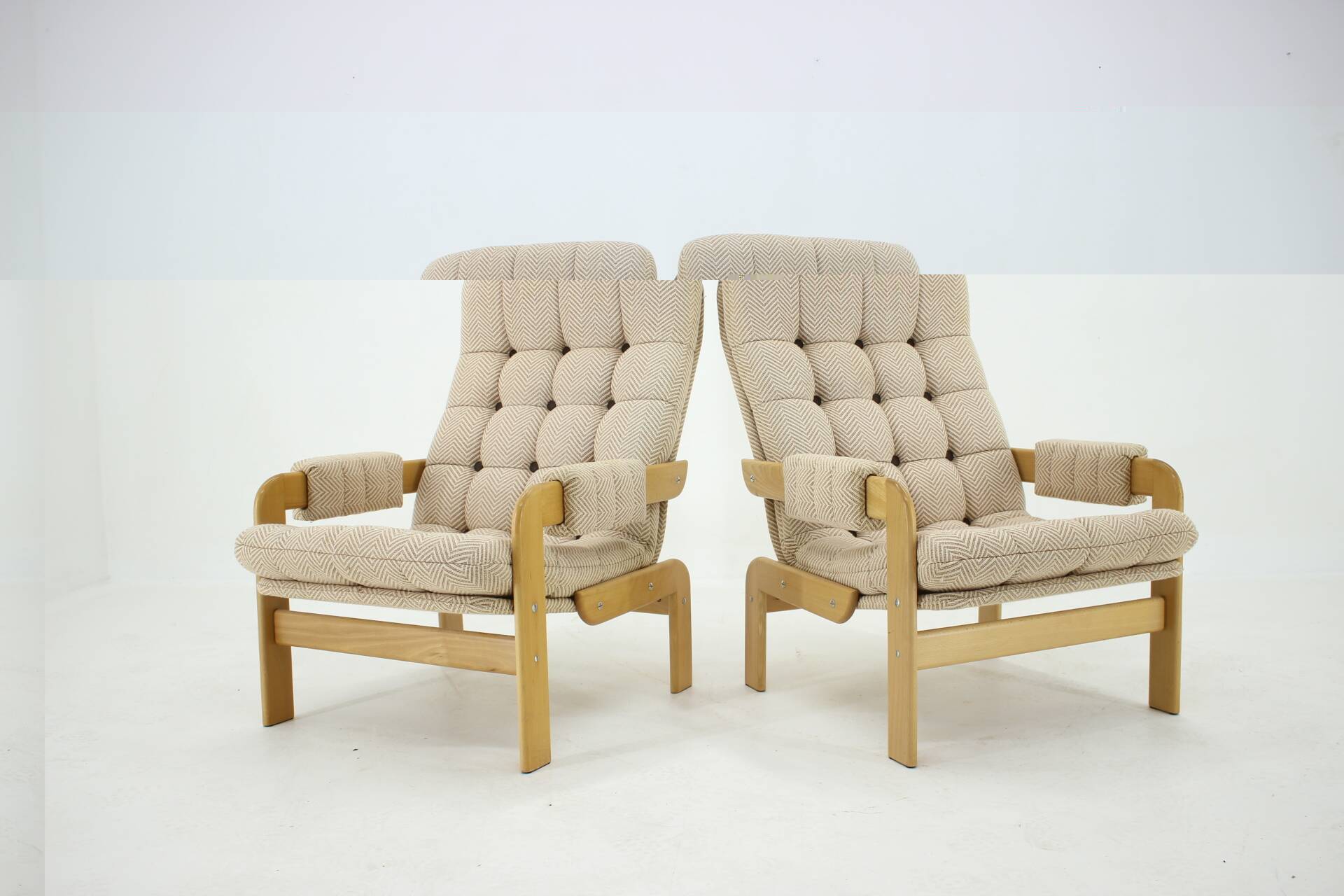 1970s Pair of Beech High Back Armchairs, Czechoslovakia