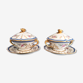 Pair of covered cups in Limoges France porcelain, early twentieth century
