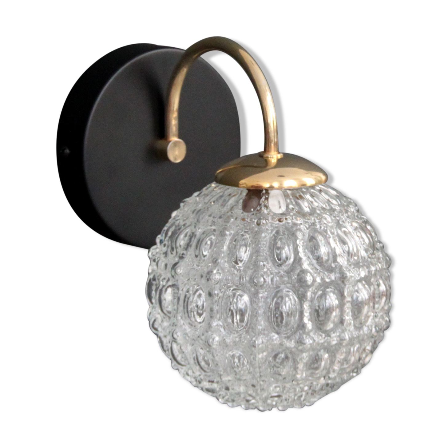 Globe wall light in moulded glass, brass swan collar, circa 1950