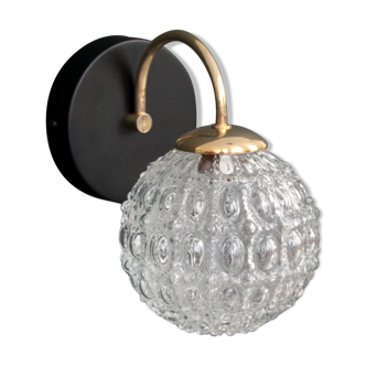 Globe wall light in moulded glass, brass swan collar, circa 1950