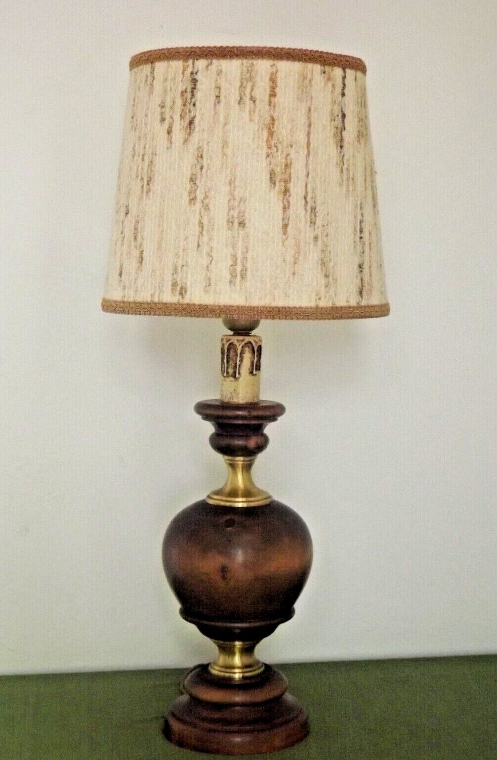 French Mid Century Round Lamp in Turned Wood and Gold Metal Beige Fabric Shade 3625