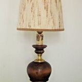 French Mid Century Round Lamp in Turned Wood and Gold Metal Beige Fabric Shade 3625