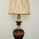 French Mid Century Round Lamp in Turned Wood and Gold Metal Beige Fabric Shade 3625