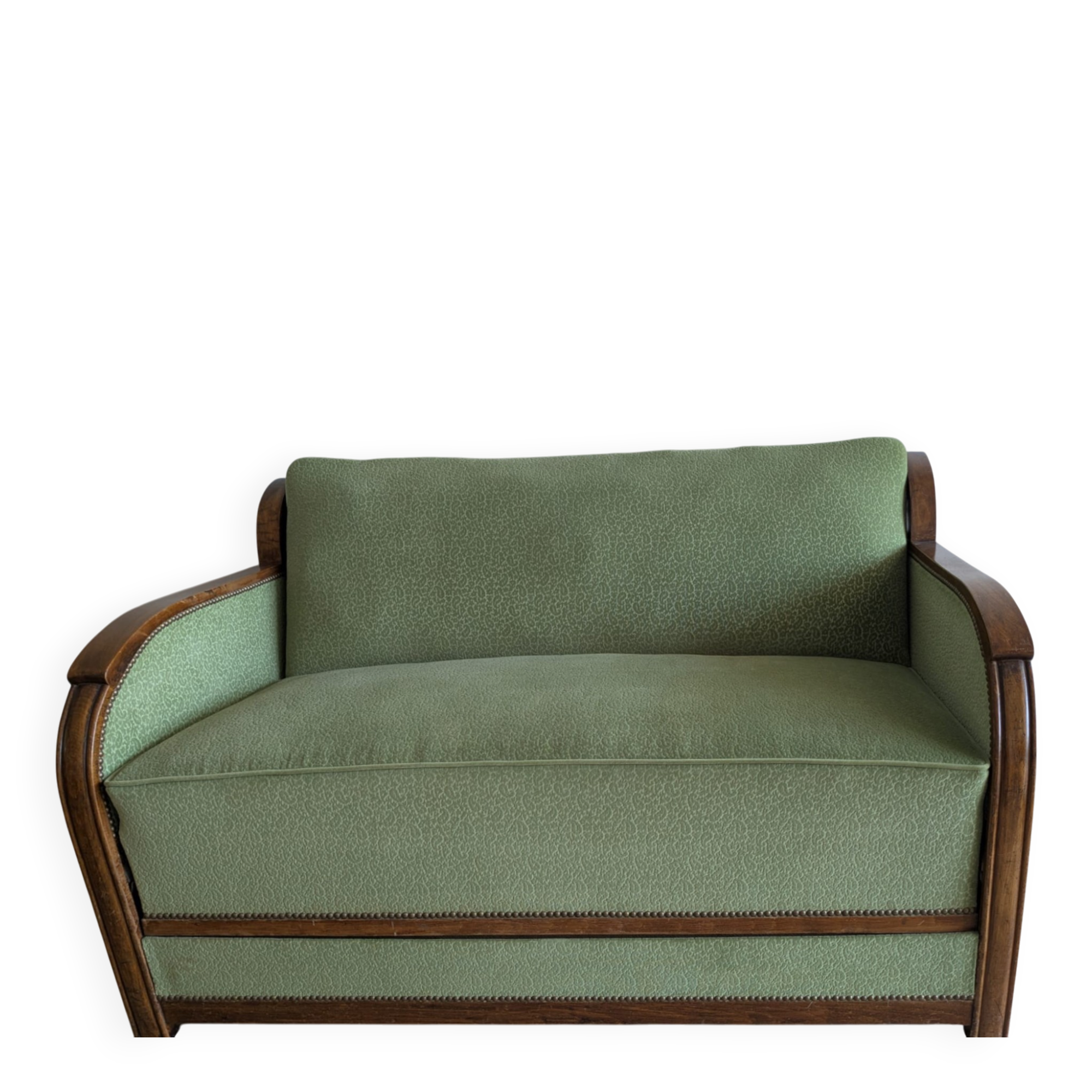 2-seater Art Deco sofa — Wooden frame, sage green fabric
