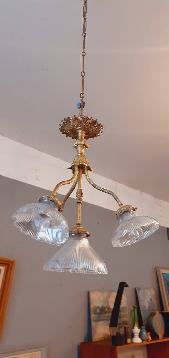 Chandelier in gilded bronze late 19th century around 1900 holophane glassware