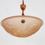 Antique chandelier, Art Deco floral basin pendant light 1 light, in pink glass paste. 1930s