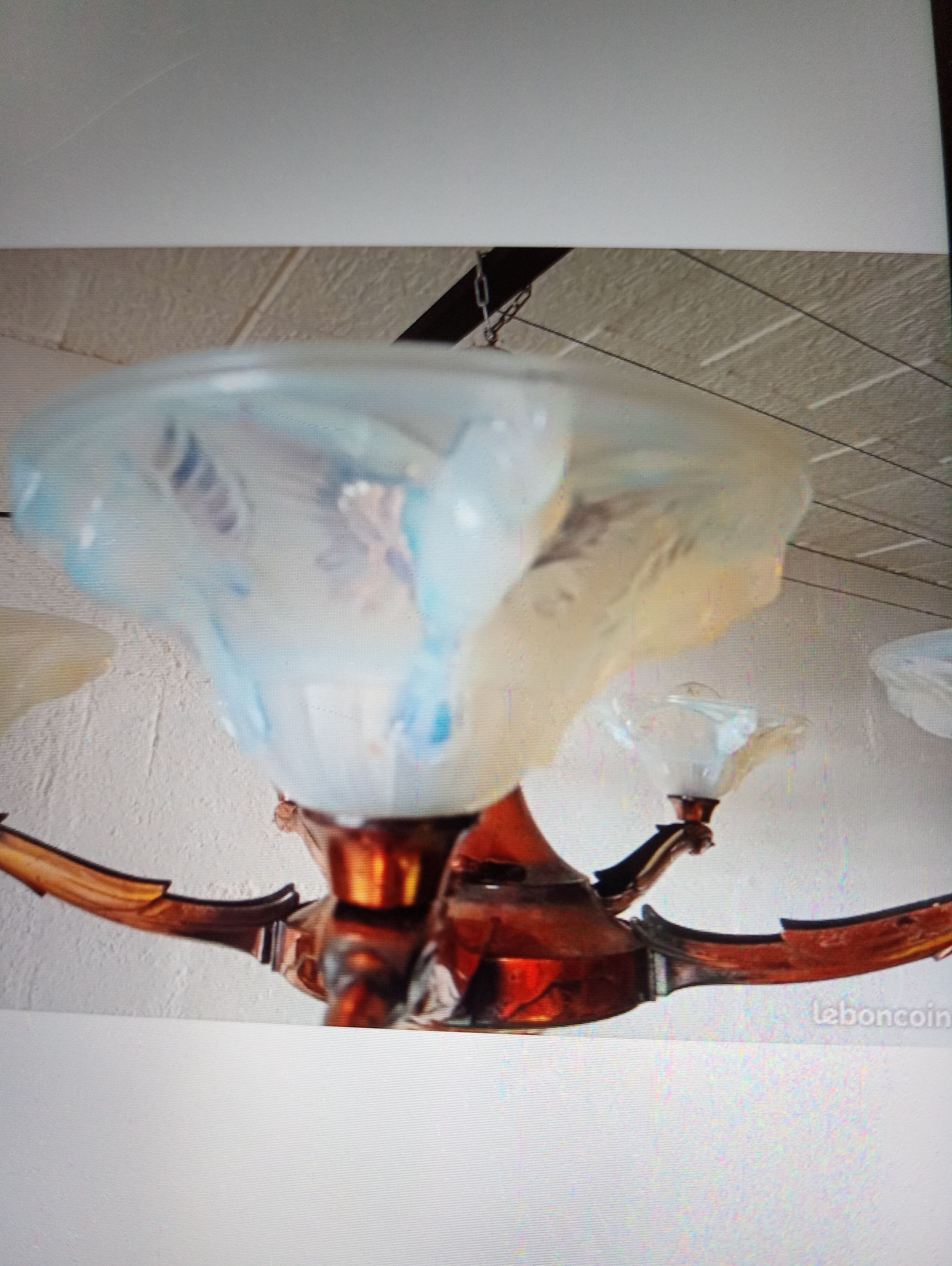 Opalescent glass and copper chandelier