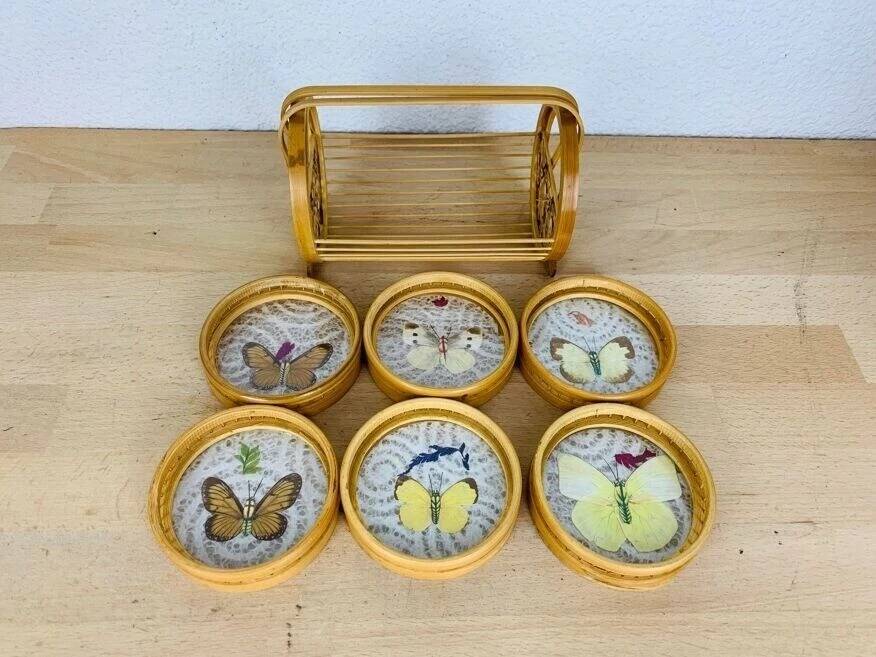 6 rattan coasters, butterflies, with basket