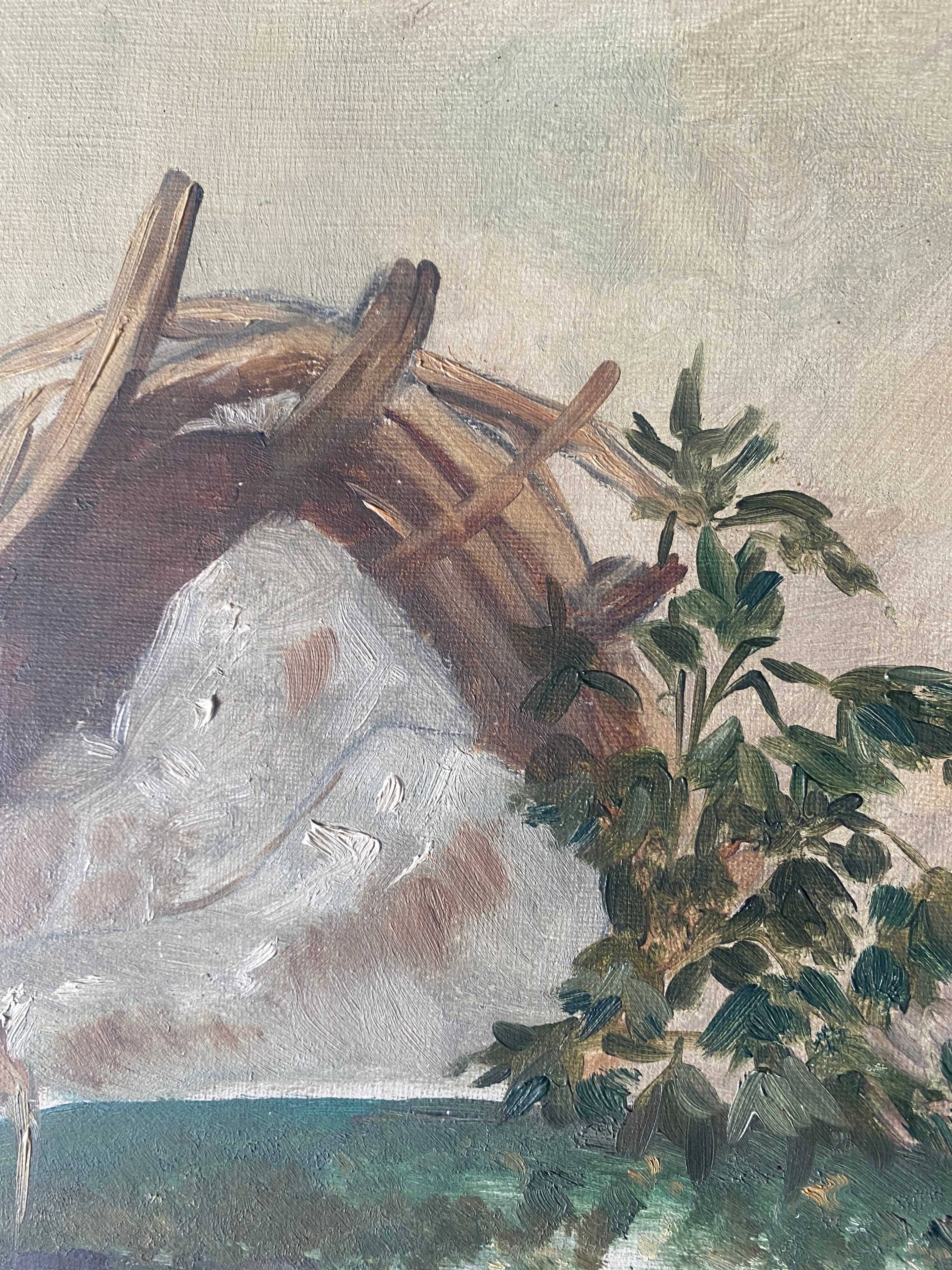 HST painting "Still life with basket and pike" signed H. Baillet 1912