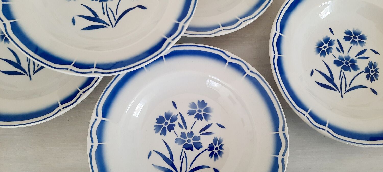 Hollow earthenware plates fb Badonviller décor vintage blueberries