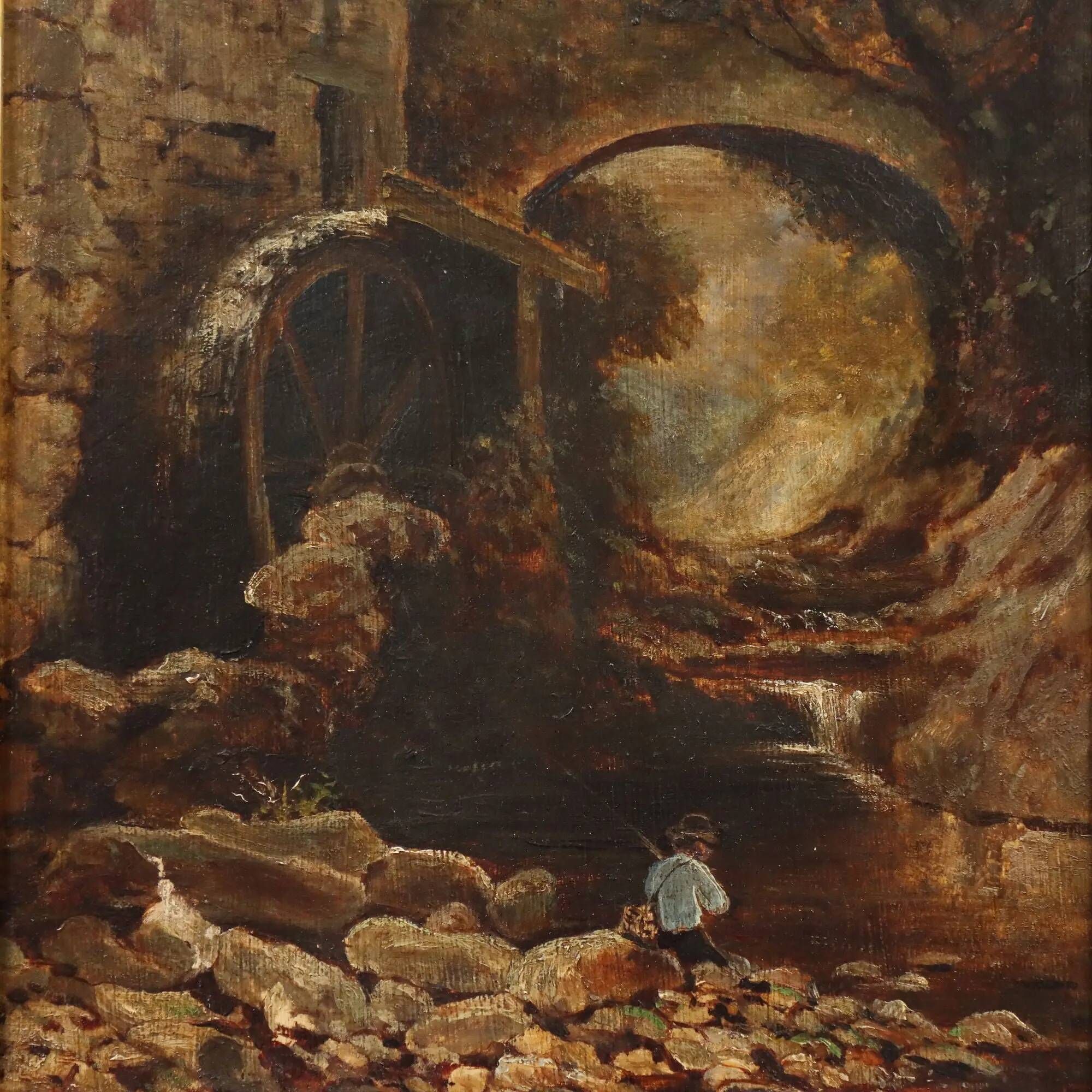 Old painting "Glimpse of a Landscape" oil on hardboard 1887