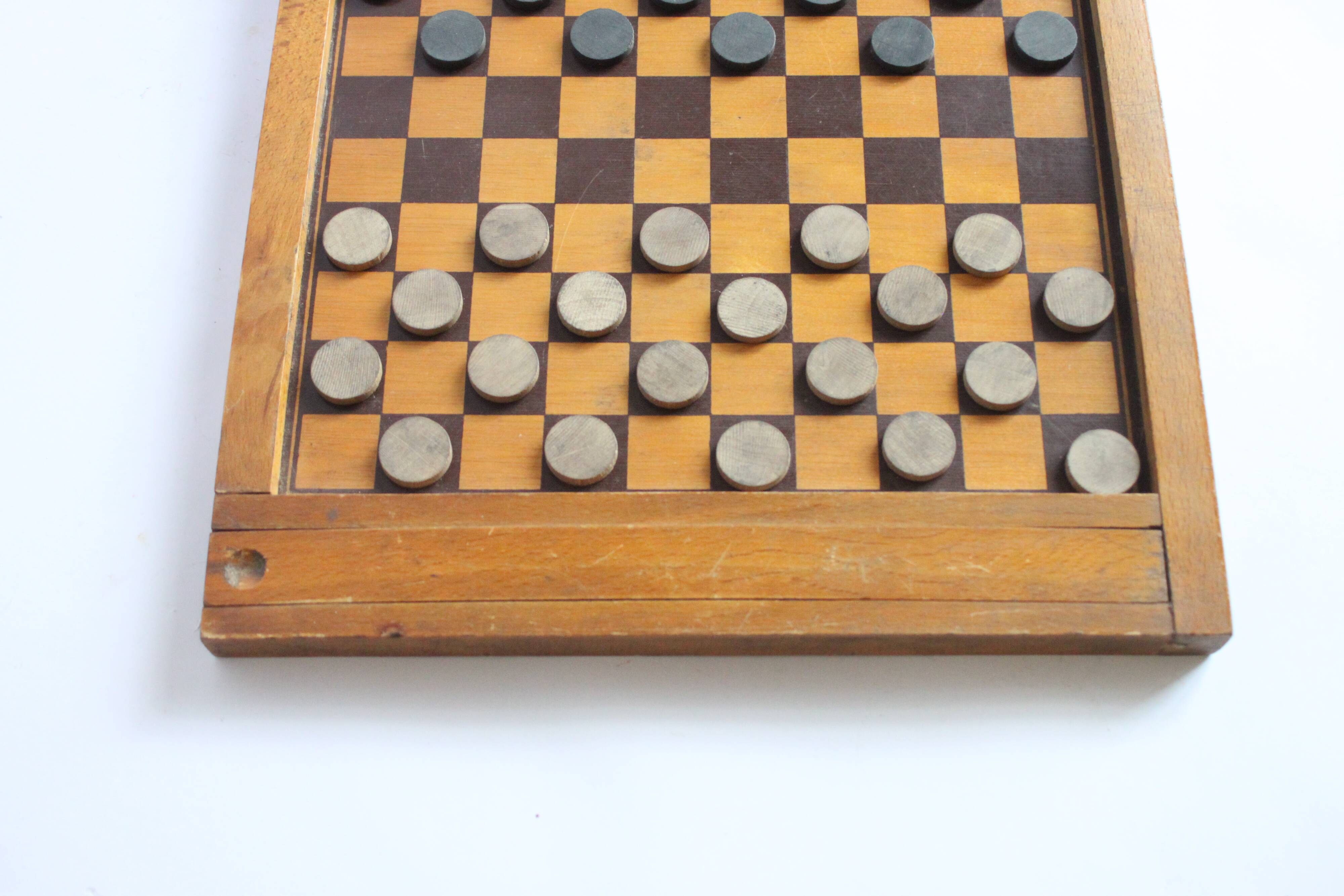Antique wooden checkers and chess board, 1920s