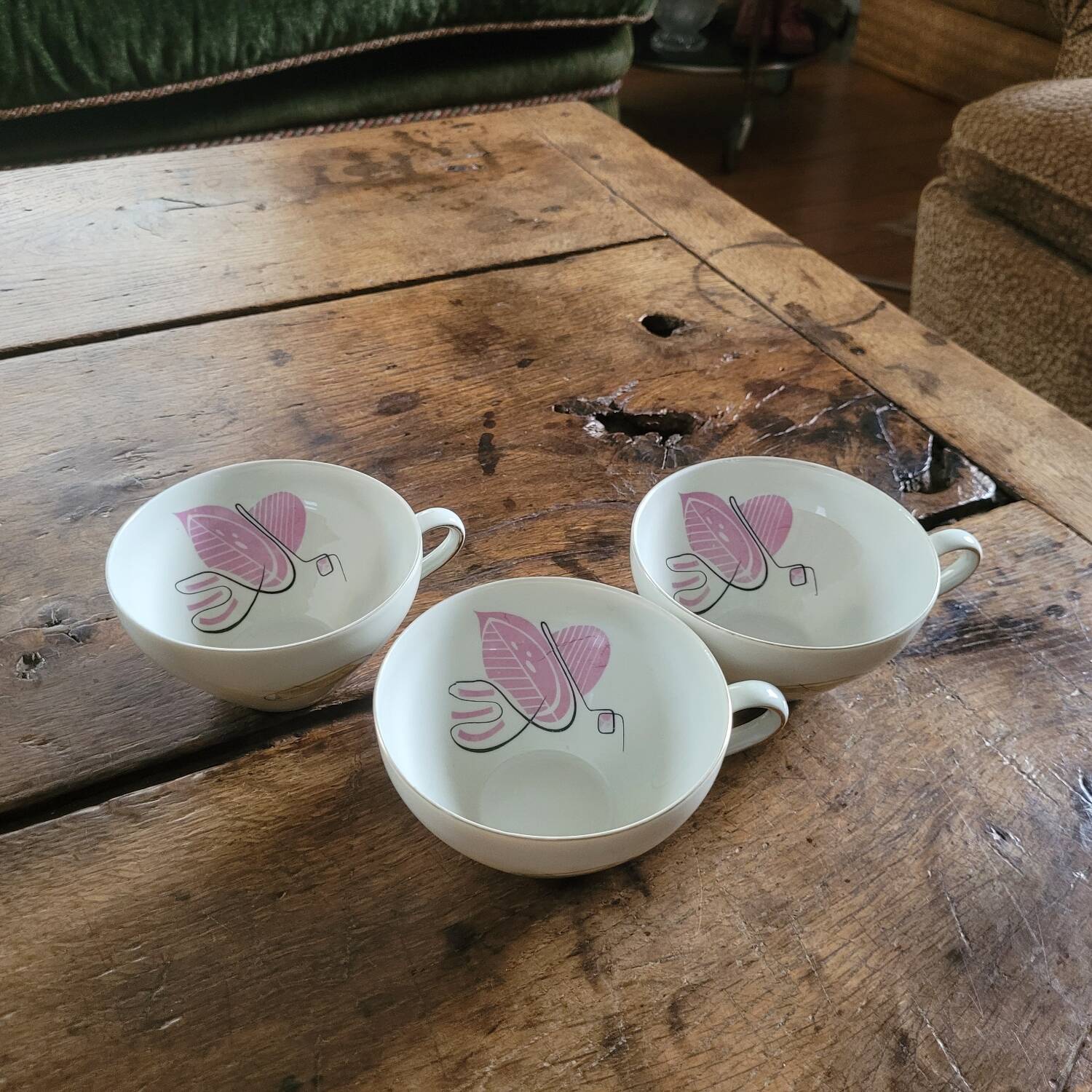 3 Bavaria Winterling porcelain cups – 1950s pink and green decor