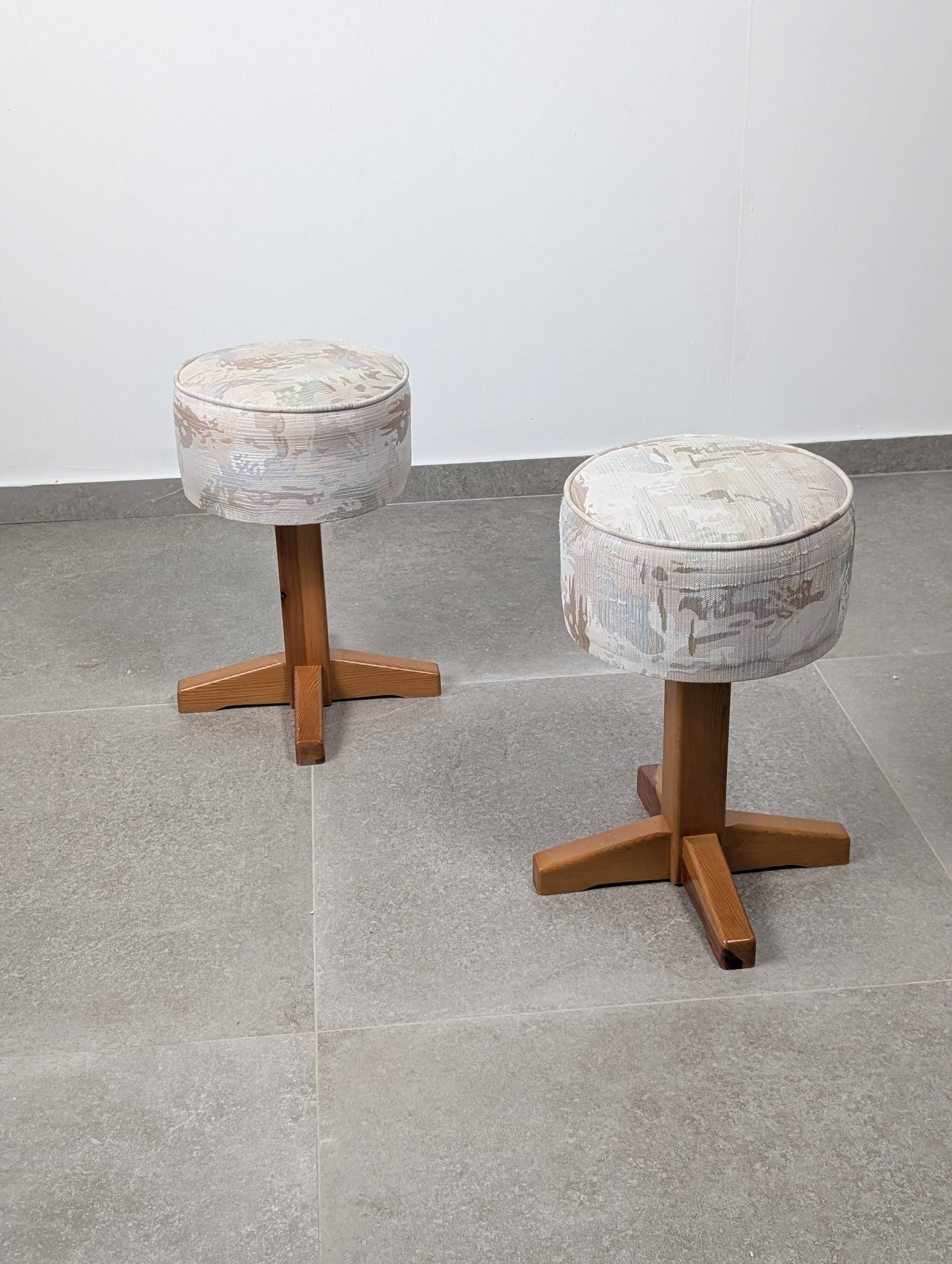 Pair of Scandinavian pine and fabric stools, 1980s