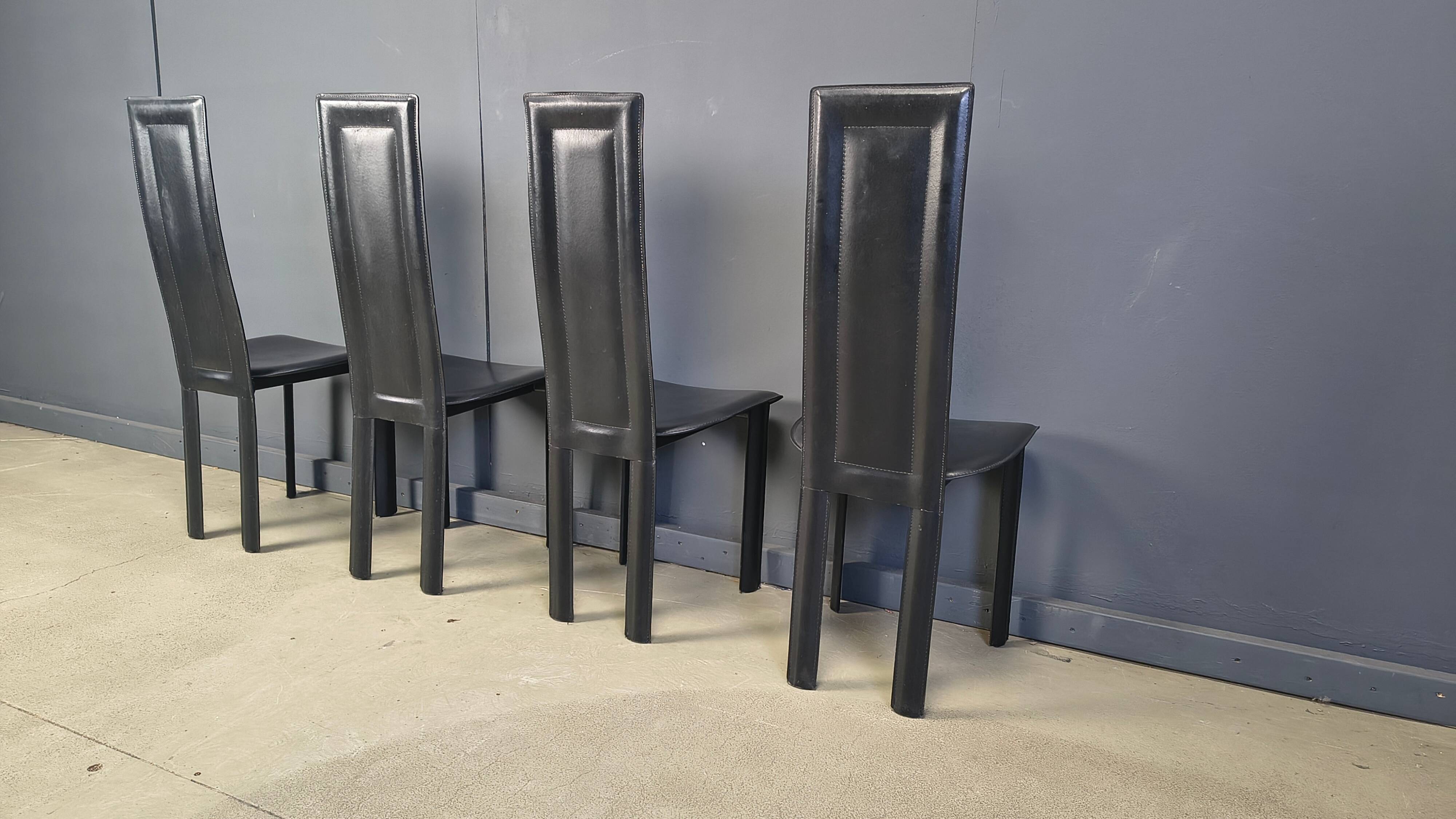 Vintage black leather dining chairs, set of 4, 1980s