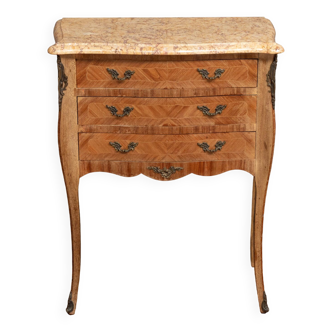 Petite commode d'entre-deux 3 tiroirs 1900 bois de rose et marbre