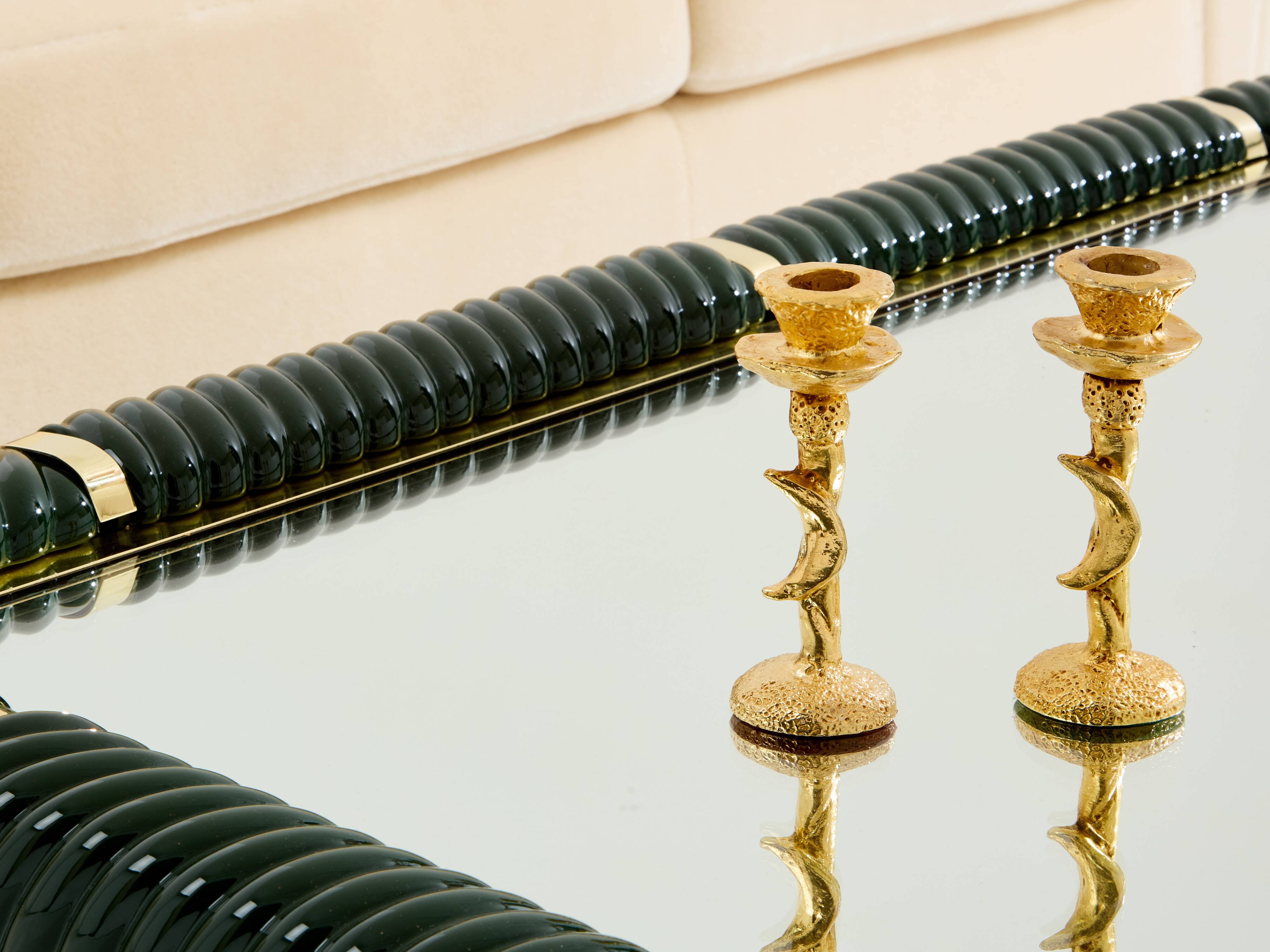 Olive green ceramic and brass coffee table by Tommaso Barbi 1970