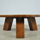 BRUTALIST / massive oak round coffee table / 1970s