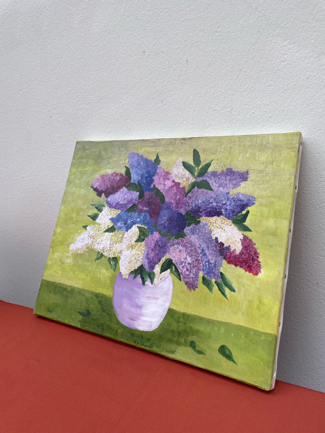 Painting bouquet of lilacs oil on canvas