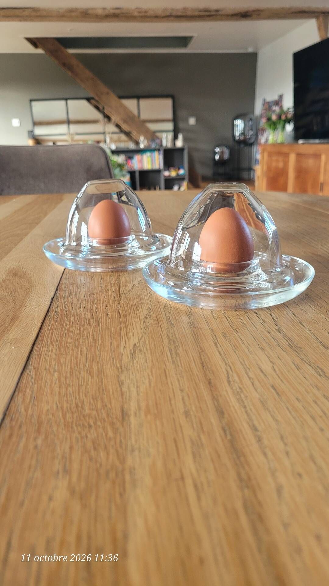 2 egg cups with matching glass cloches in transparent glass