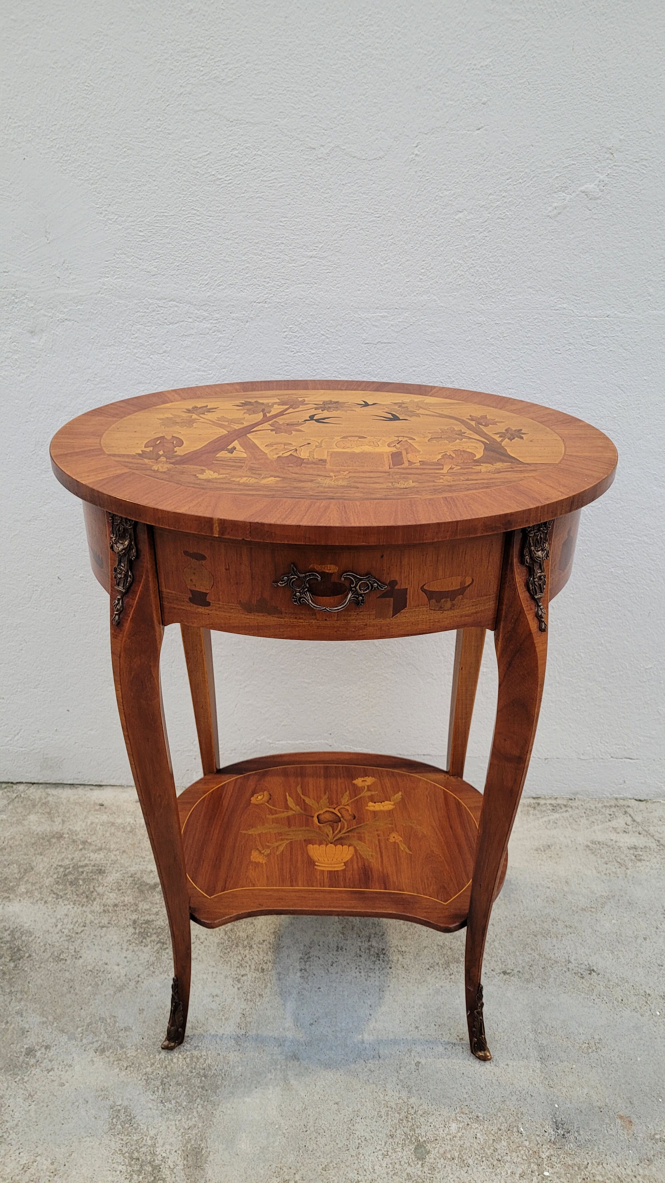 Louis xv style marquetry table Chinese scene