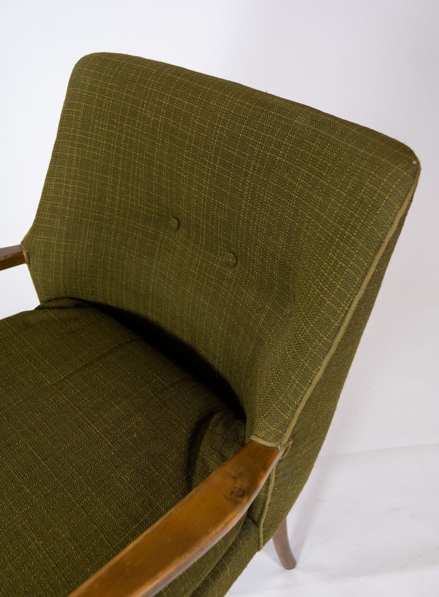 Armchair in birch and orginal dark green fabric of danish design from the 1950