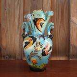 Monaco blue ceramic vase with fish decoration
