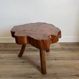 Brutalist coffee table, elm slice, tripod, 1960s