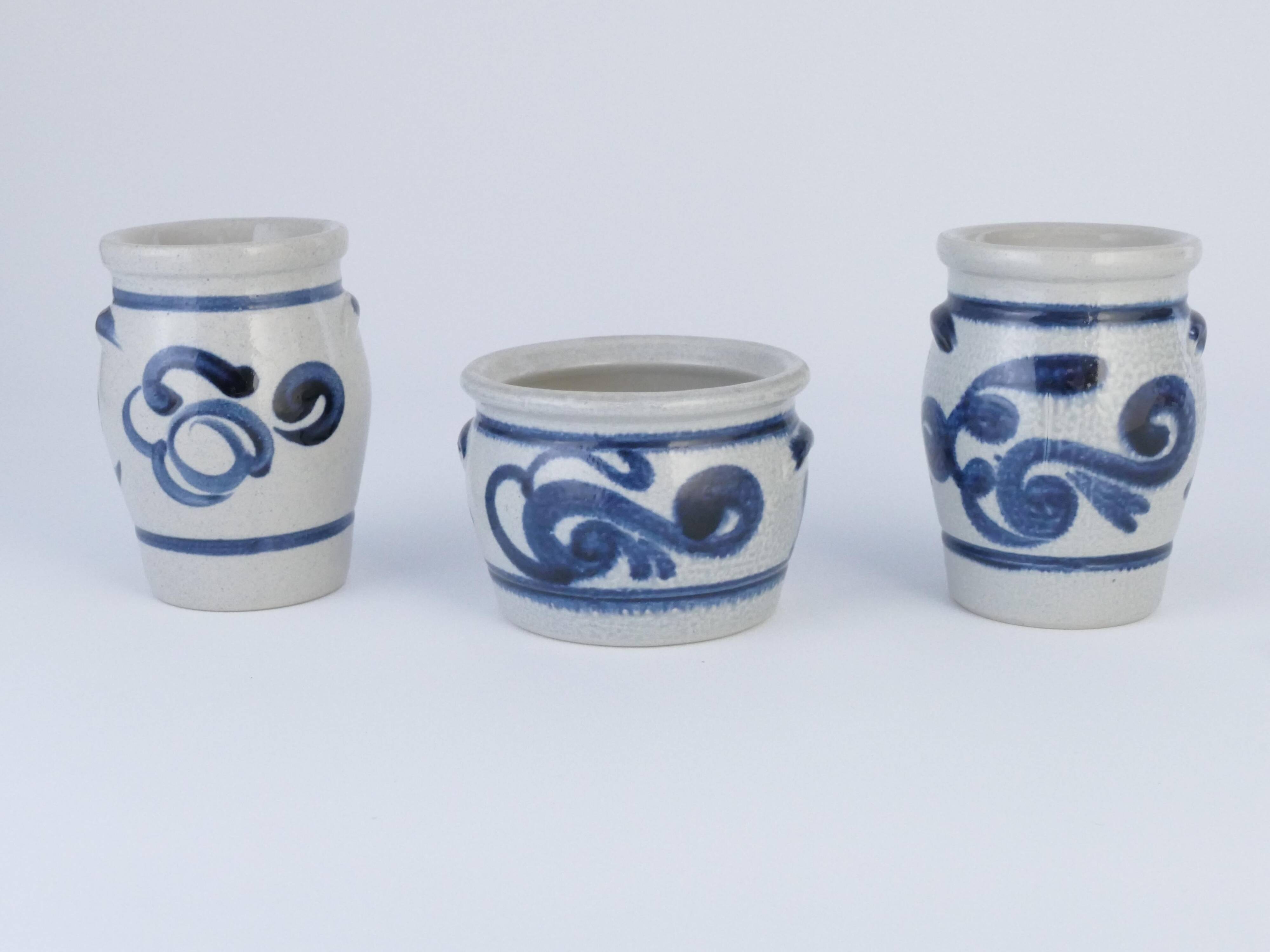 Stoneware Jars with Cobalt Blue Floral Motif from Westerwald, Germany, Set of 3