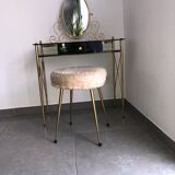 Coiffeuse laiton , verre et plastique noirs avec son tabouret moumoute