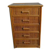 Cassettiera a cinque cassetti in bambù e vimini, anni '70