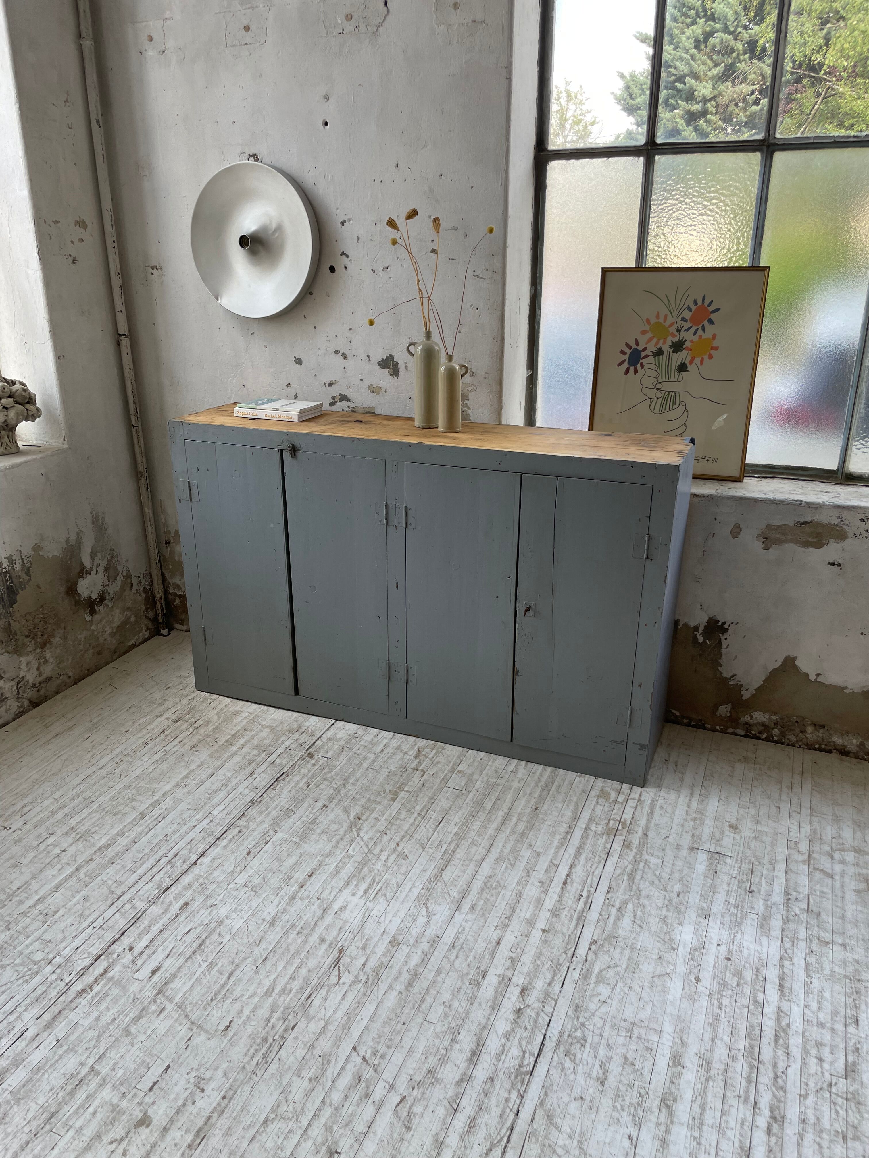 Factory blue patinated workshop furniture