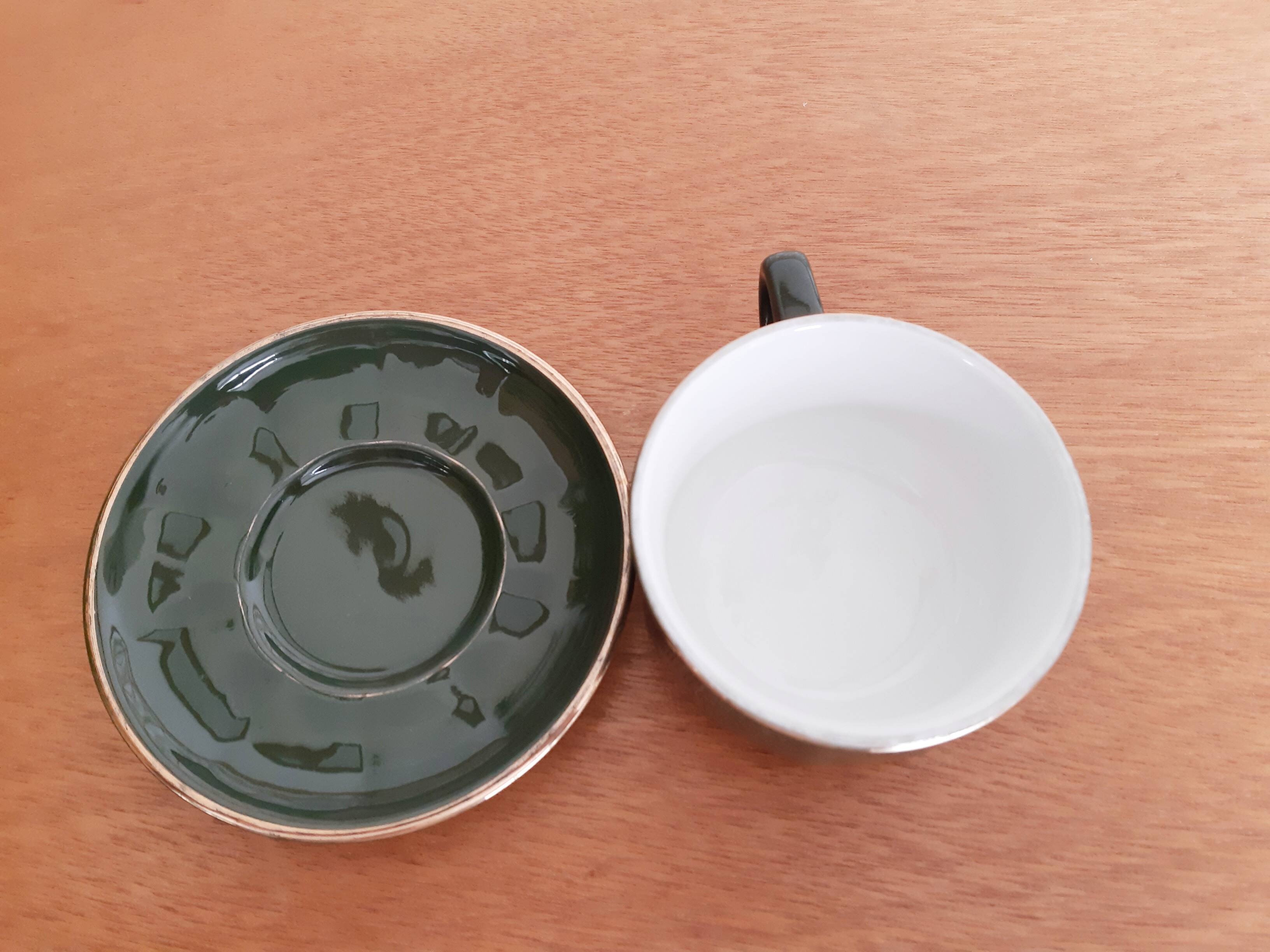 Chocolate cup or large green and gold bistro café "Apilco", porcelain