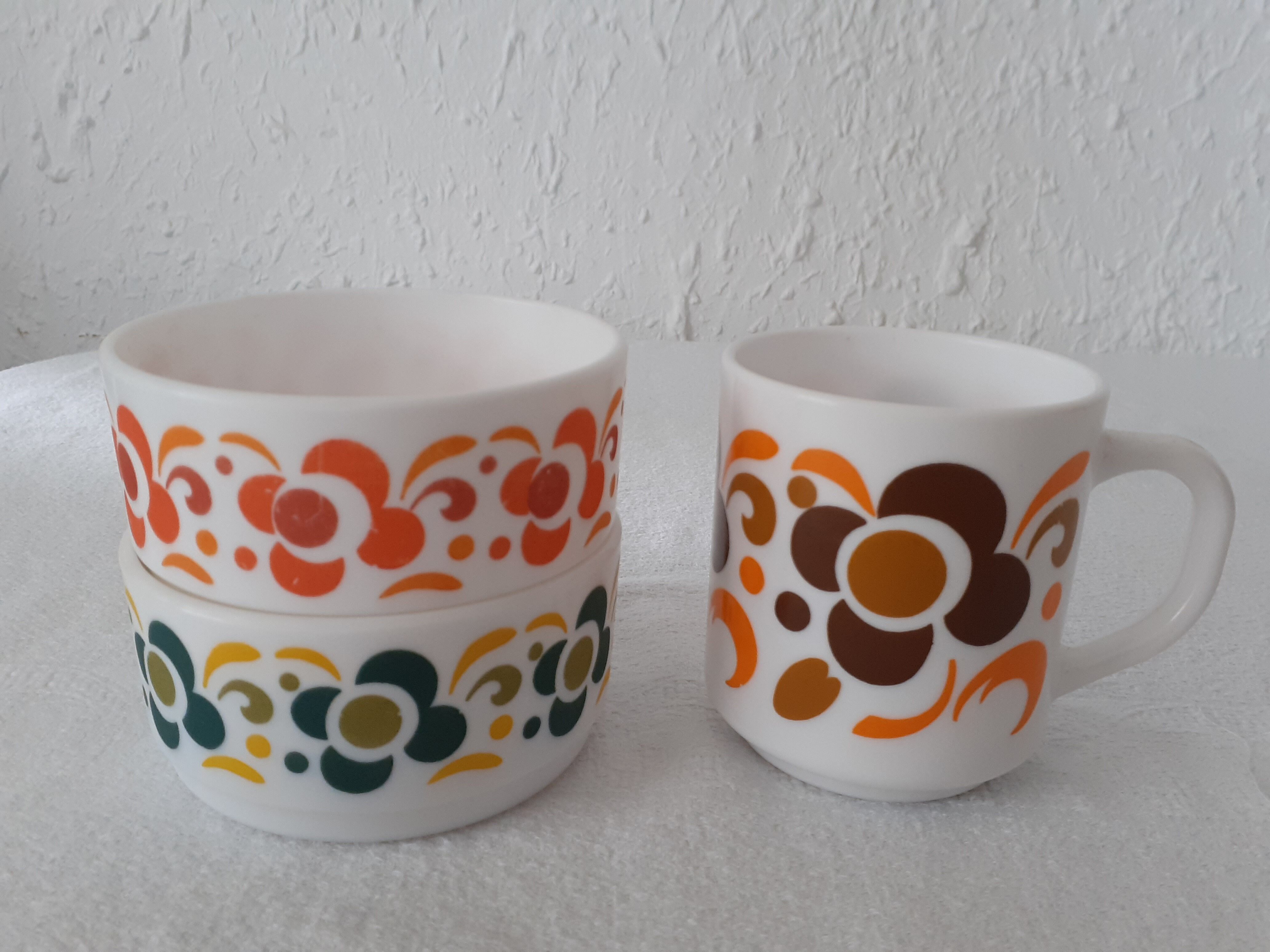 3 pieces lotus Arcopal 2 ramekins cups and 1 mug orange brown green vintage