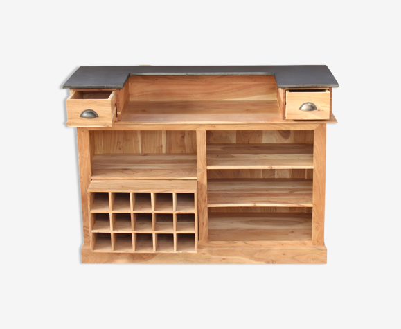 Comptoir bar de style industriel en bois massif et top en métal 140cm