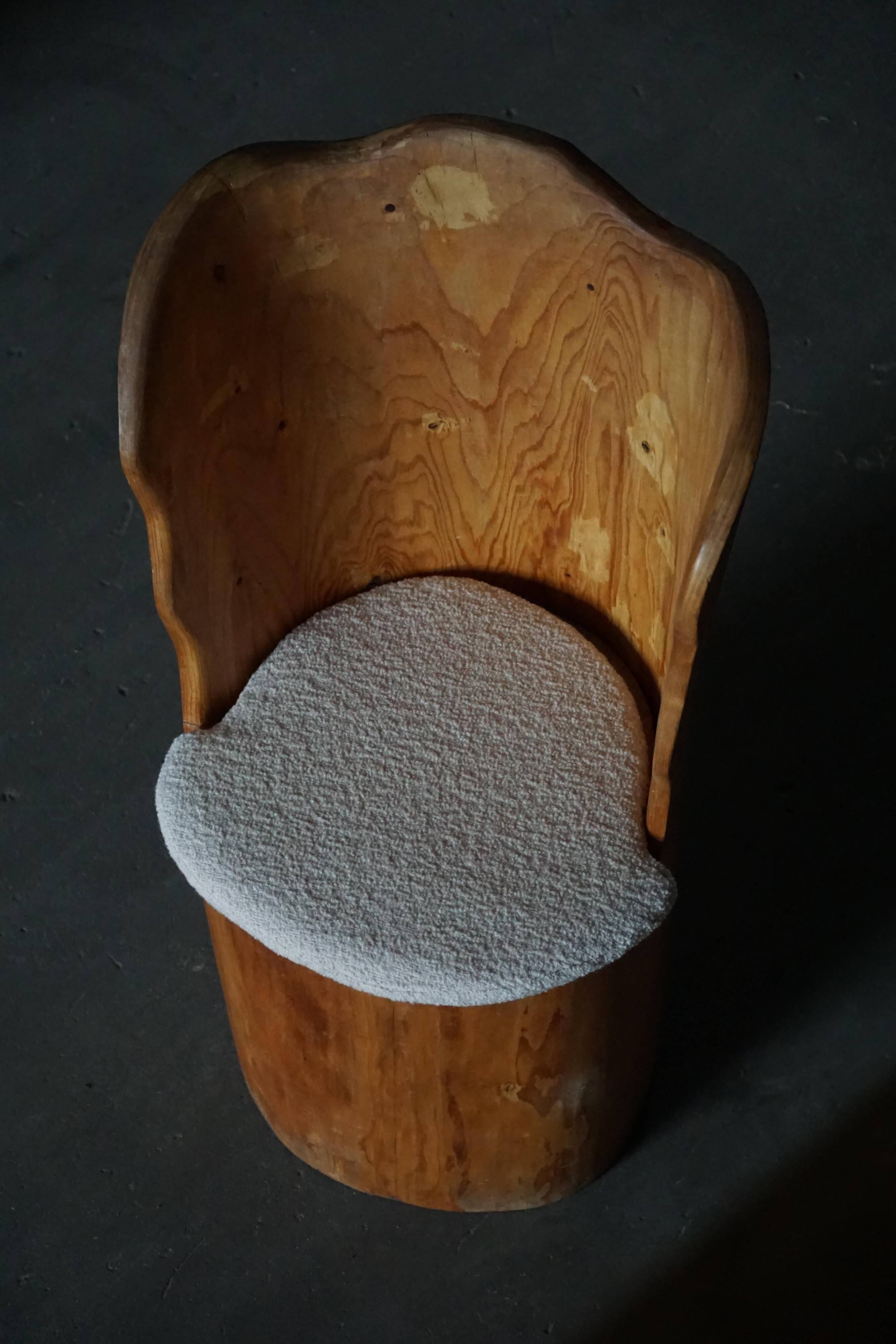 Fauteuil Brutaliste en Tronc en Pin Massif & Bouclé, Moderne du Milieu du Siècle Suédois, Années 1970