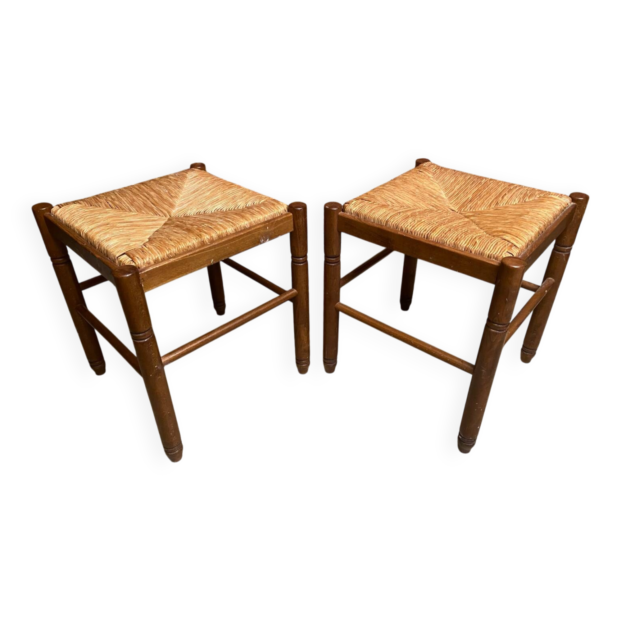 Pair of vintage wooden stools with woven straw seats