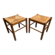 Pair of vintage wooden stools with woven straw seats